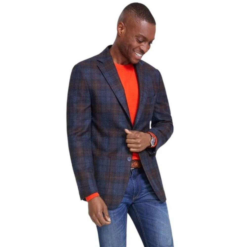 Tallia Men's Blue/Brown Classic Plaid Wool Blend Slim-Fit Sport Coat Size 36R